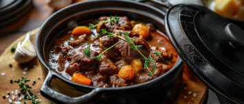 Un boeuf bourguignon dans une cocotte en fonte posée sur une tables avec plein d'ingrédients autour