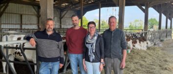 Trois hommes et une femme posenty devant la table d'alimentation d'un bâtiment d'élevage abritant des génisses de race Montbéliarde