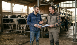 Deux hommes avec des papiers dans les mains se serrent la main dans un bâtiment d'élevage de vaches laitières