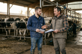 Deux hommes avec des papiers dans les mains se serrent la main dans un bâtiment d'élevage de vaches laitières