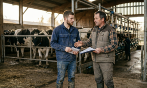 Deux hommes avec des papiers dans les mains se serrent la main dans un bâtiment d'élevage de vaches laitières