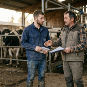 Deux hommes avec des papiers dans les mains se serrent la main dans un bâtiment d'élevage de vaches laitières