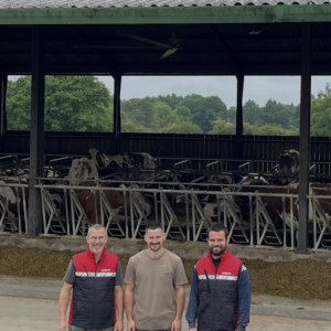 Trois hommes devant la table d'alimentation d'un bâtiment pour vaches slaitières