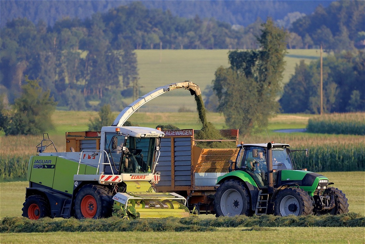 Un chantier d'ensilage d'herbe avec une ensileuse et un tracteur avec remorque - Illustration Réussir l’implantation et la fertilisation des dérobées