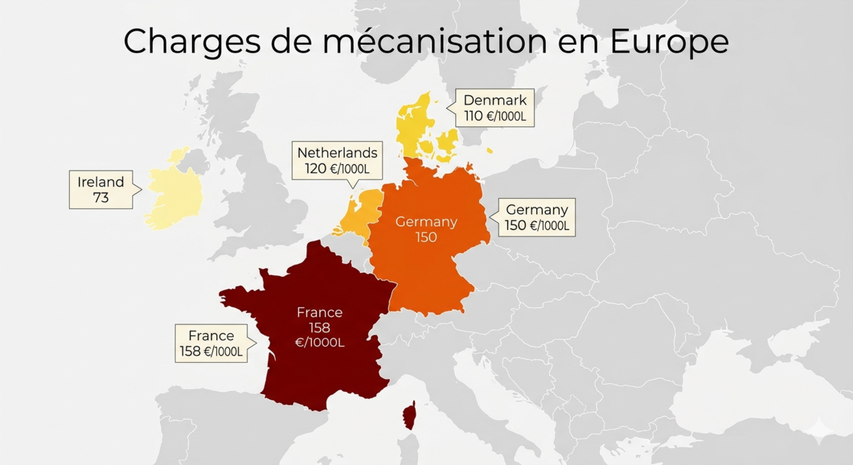 Carte de comparaison des charges de mécanisation ramenés aux 1 000 L de lait en Europe  - Illustration Déléguer plutôt que posséder du matériel ?