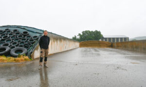 un homme devant des silos de maïs