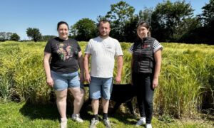 deux agriculteurs et une technicienne devant un champ d'orge