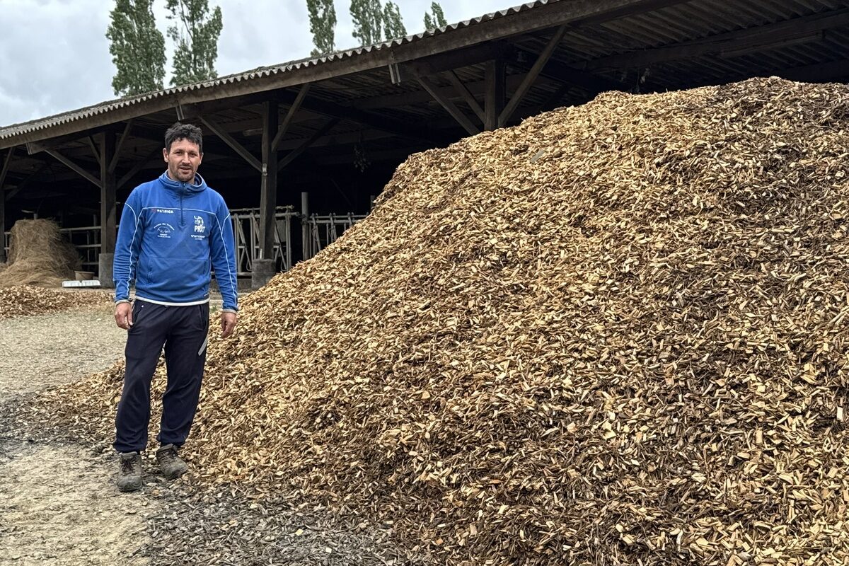 Un homme à côté d'un tas de bois déchiqueté - Illustration La valeur ajoutée du bocage et du pâturage