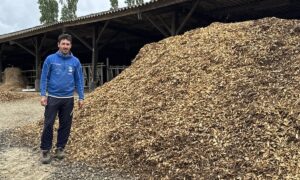 Un homme à côté d'un tas de bois déchiqueté