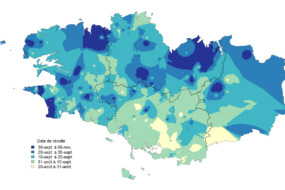 Carte de la Bretagne préconisant des dates de récolte de maïs 2025 selon les zones