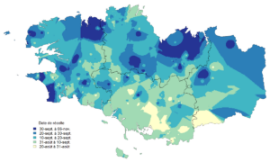Carte de la Bretagne préconisant des dates de récolte de maïs 2025 selon les zones