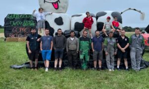 Des personnes devant une vache géante fabriquée avec des rounds