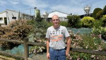 Un homme devant un jolie parterre de fleurs dans un élevage de porc