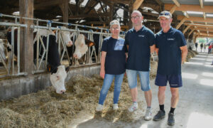 Une éleveuse et deux éleveurs dans une stabulation avec le robot dans le fond