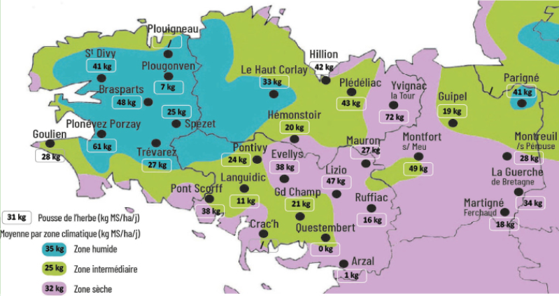 carte de la pousse de l'herbe en bretagne du 2 au 8 juin 2026 - Illustration Observatoire des fourrage Bretagne : 31 kg MS/ha/jour