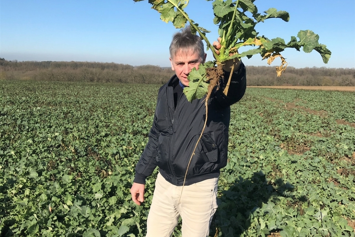 Un homme présente un plant de colza bien enraciné dans un champ - Illustration Un champ n’est pas une autoroute