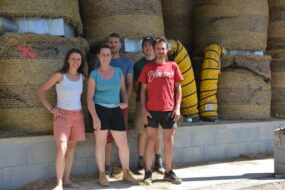 Un groupe de personnes devant des rounds de foin