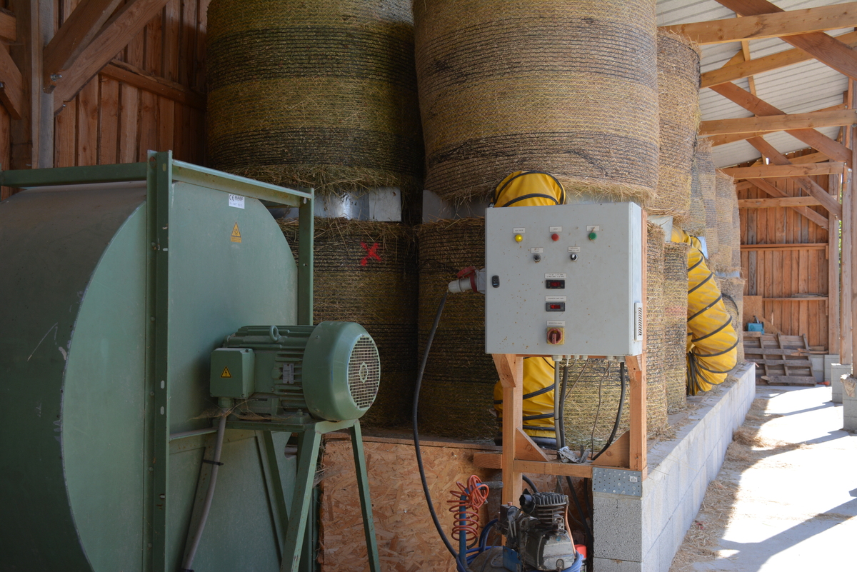Le séchoir en grange pour 24 bottes. Le ventilateur (au premier plan) souffle l’air chauffé au bois par-dessous les rangées de bottes.