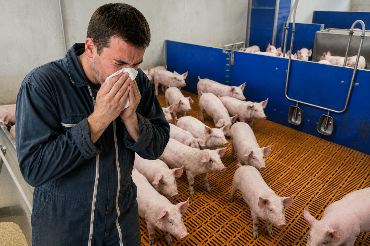 Un homme qui se mouche dans une porcherie au milieu des cochons - Illustration Explorer la transmission entre l’homme et le porc