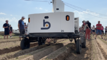 Un robot de désherbage dans un champ avec du public autour lors d'une démonstration