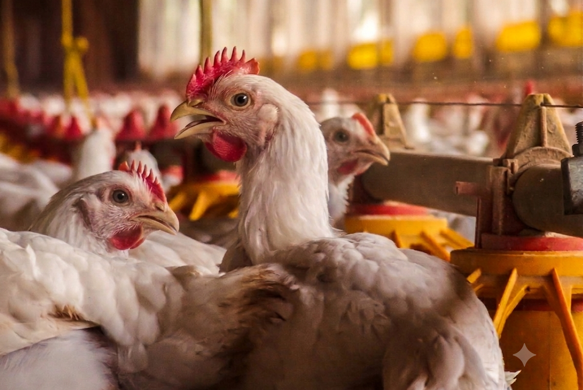 Gros plan sur des poulets dans un bâtiment d'élevage de volailles - Illustration Canicule : L’élevage breton encaisse le choc
