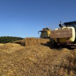 Un tracteur et une moissonneuse au travail dans un champ