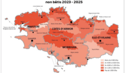 carte de la bretagne permettant de visualiser le prix des terres et prés libres non bâtis sur 2023 2025