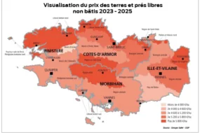carte de la bretagne permettant de visualiser le prix des terres et prés libres non bâtis sur 2023 2025