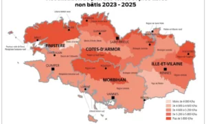 carte de la bretagne permettant de visualiser le prix des terres et prés libres non bâtis sur 2023 2025