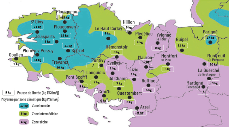 carte de la pousse de l'herbe en bretagne du 23 au 29 juin 2026 - Illustration Observatoire des fourrages Bretagne : 9 KG MS/HA/JOUR