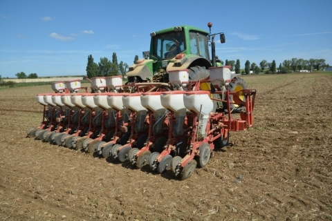 Un tracteur avec un semoir attelé au travail dans un champ
