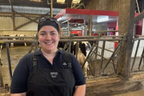 Une femme dans un bâtiment vaches laitières