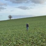 UN homme seul marche dans un champ cultivé