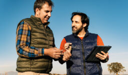 Deux hommes discutent dans un champ, l'un d'entre eux tient une tablette numérique