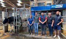 Quatre éleveurs et une éleveuse devant la stalle d'un robot de traite d'où sort une vache de race Holstein