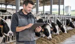 Un agriculteur souriant avec une tablette dans les mains dans un bâtiment d'élevage avec des vaches au cornadis derrière