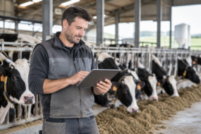 Un agriculteur souriant avec une tablette dans les mains dans un bâtiment d'élevage avec des vaches au cornadis derrière