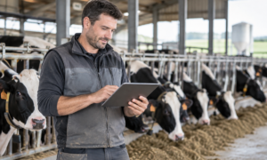 Un agriculteur souriant avec une tablette dans les mains dans un bâtiment d'élevage avec des vaches au cornadis derrière