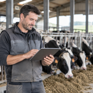 Un agriculteur souriant avec une tablette dans les mains dans un bâtiment d'élevage avec des vaches au cornadis derrière