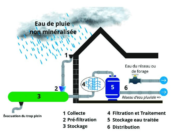 Schéma de la collecte et du traitement de l'eau de pluie