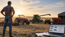 Un agrculteur qui regarde son matériel agricole lors d'un coucher de soleil avec un ordinateur en premier plan