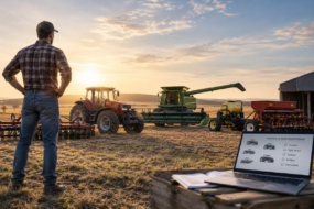 Un agrculteur qui regarde son matériel agricole lors d'un coucher de soleil avec un ordinateur en premier plan