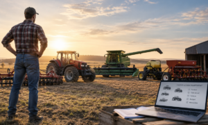 Un agrculteur qui regarde son matériel agricole lors d'un coucher de soleil avec un ordinateur en premier plan