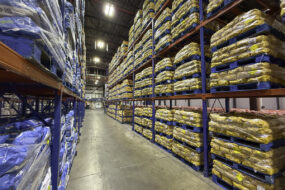 Un rayonnage de stockage de sacs de pommes de terre sur palette dans un hangar