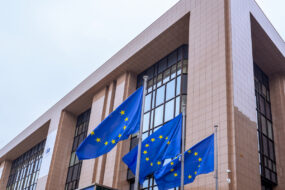 Un bâtiment avec des drapeaux de l'Europe