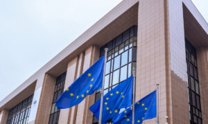 Un bâtiment avec des drapeaux de l'Europe