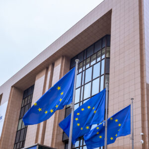 Un bâtiment avec des drapeaux de l'Europe