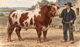 Illustration d'un taureau Durham tenu par un paysan breton au 19e siècle
