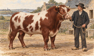 Illustration d'un taureau Durham tenu par un paysan breton au 19e siècle
