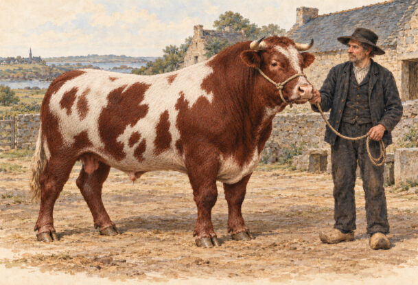 Illustration d'un taureau Durham tenu par un paysan breton au 19e siècle